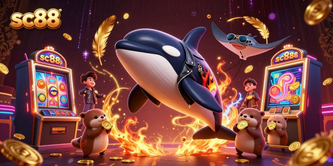 Play exciting games at sc88, where an orca in a leather jacket and sea otters celebrate wins with golden coins.