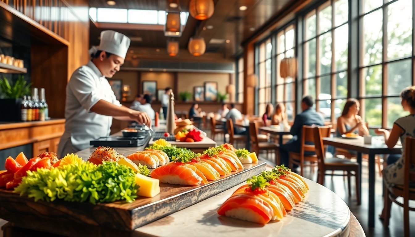 MISTER HOKI sushi chef preparing exquisite dishes in a warm and welcoming restaurant atmosphere.