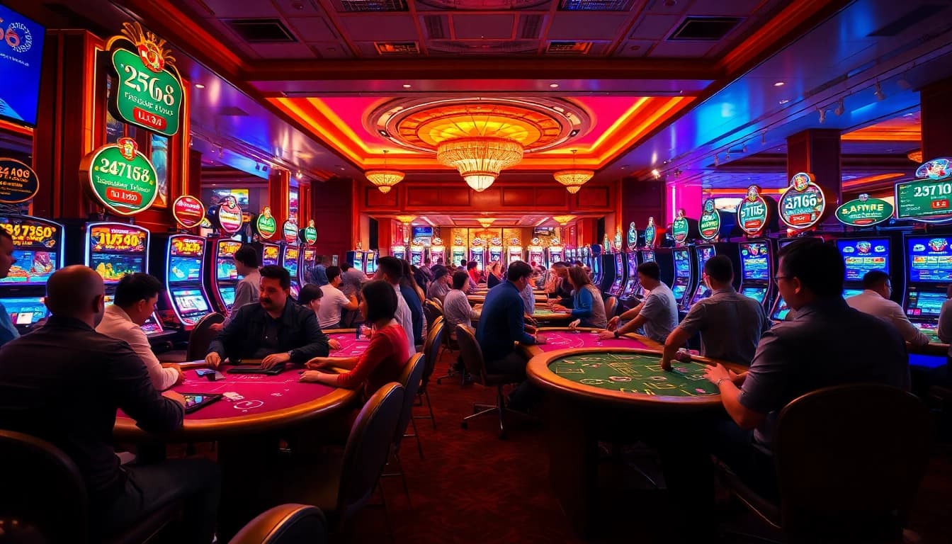 Exciting casino atmosphere with players enjoying games at go88, showcasing vibrant colors and dynamic interaction.