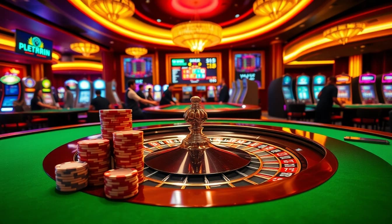 RR88 offers an exciting casino experience with roulette, poker chips, and vibrant slot machines.