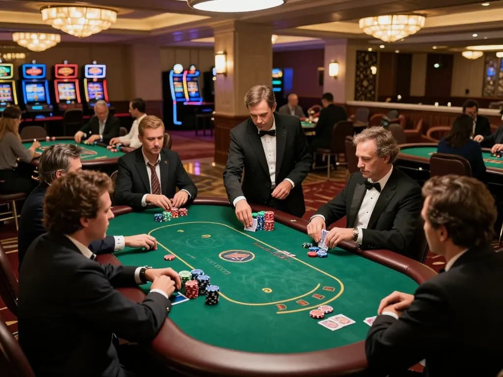 UFA367 players engaging in a poker game at a top casino, colorful chips and cards in action.