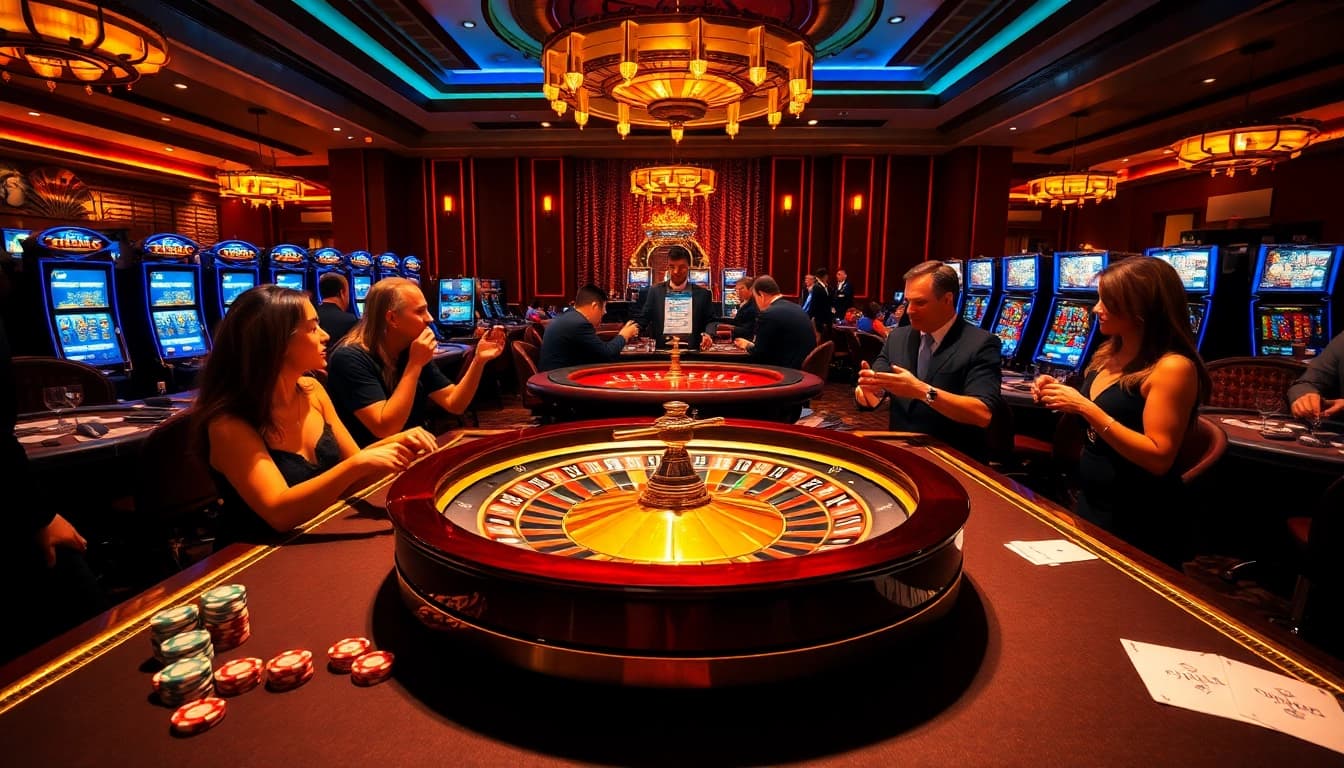 Gamblers experiencing excitement at https://f1686s.com/ in a vibrant casino setting with roulette and poker.