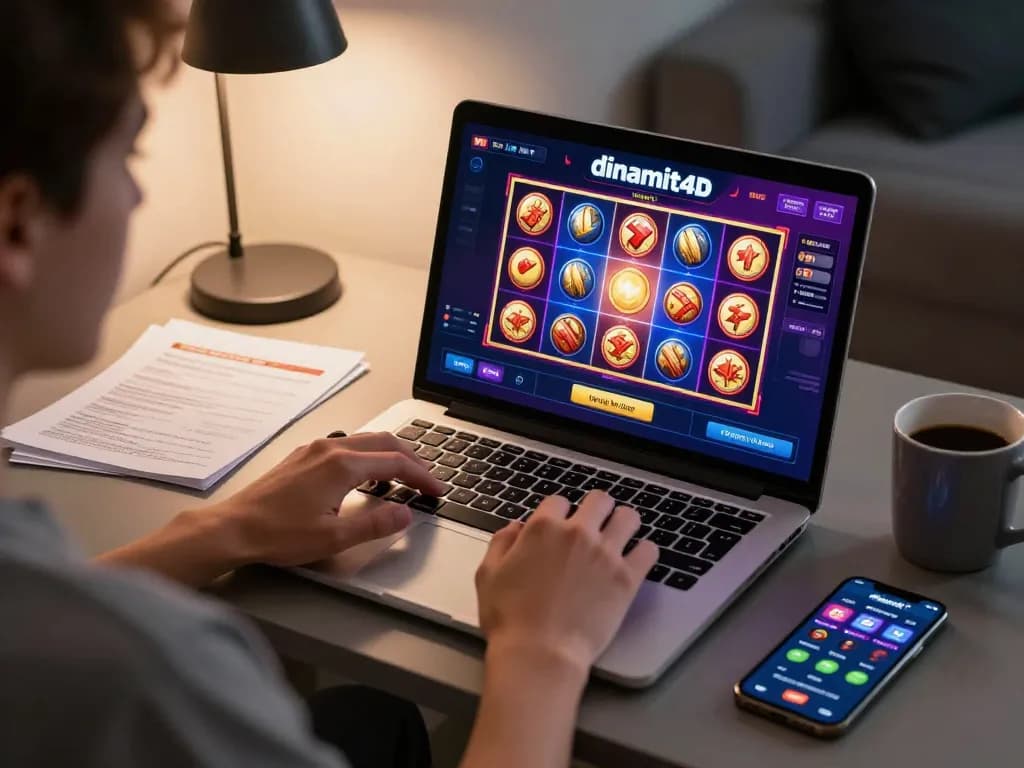 Player enjoying a thrilling dinamit4d online slot game from a cozy modern setup, highlighting engagement and strategy.
