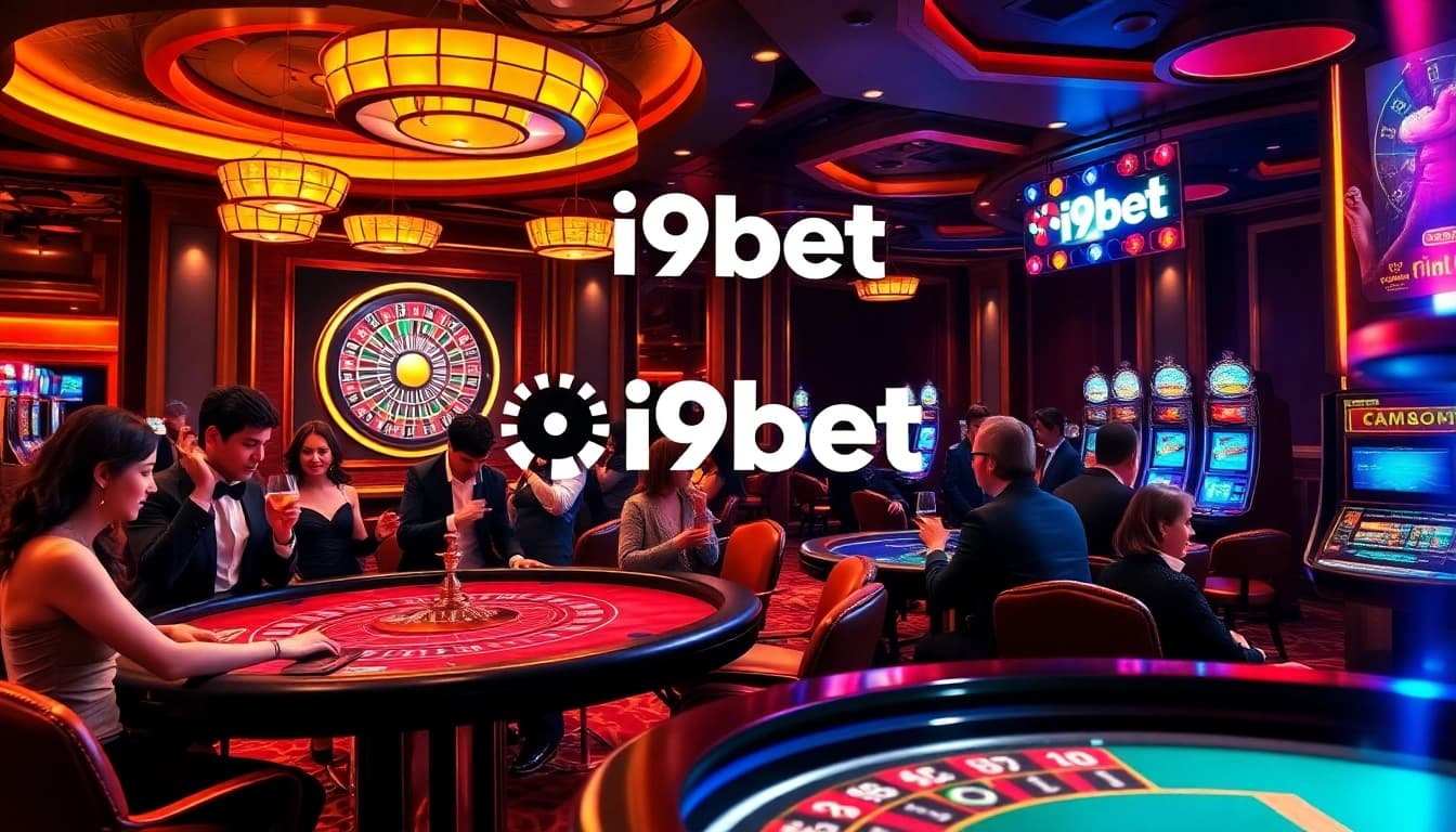Experience the thrill of casino gaming with i9bet, featuring players at a blackjack table and a spinning roulette wheel.