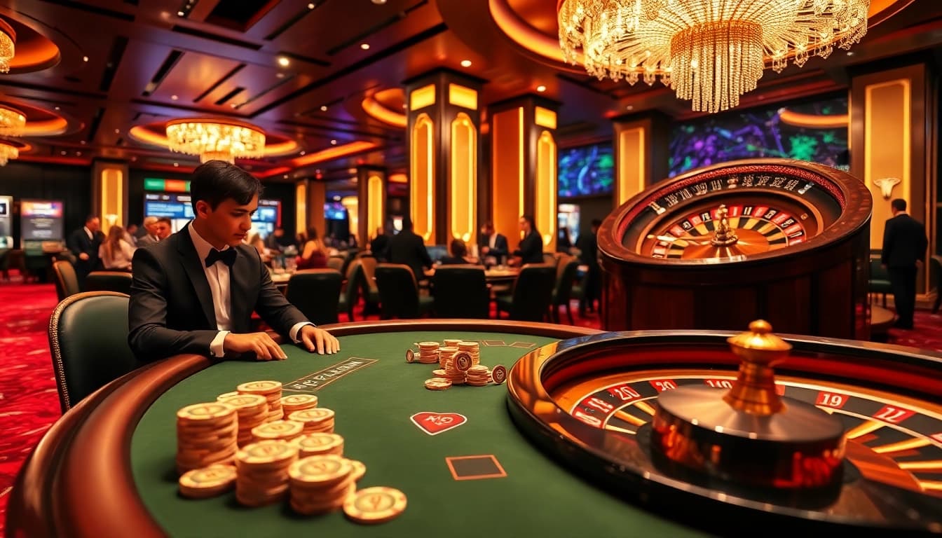 KJC poker players at an exhilarating casino table with luxurious decor and vibrant atmosphere.