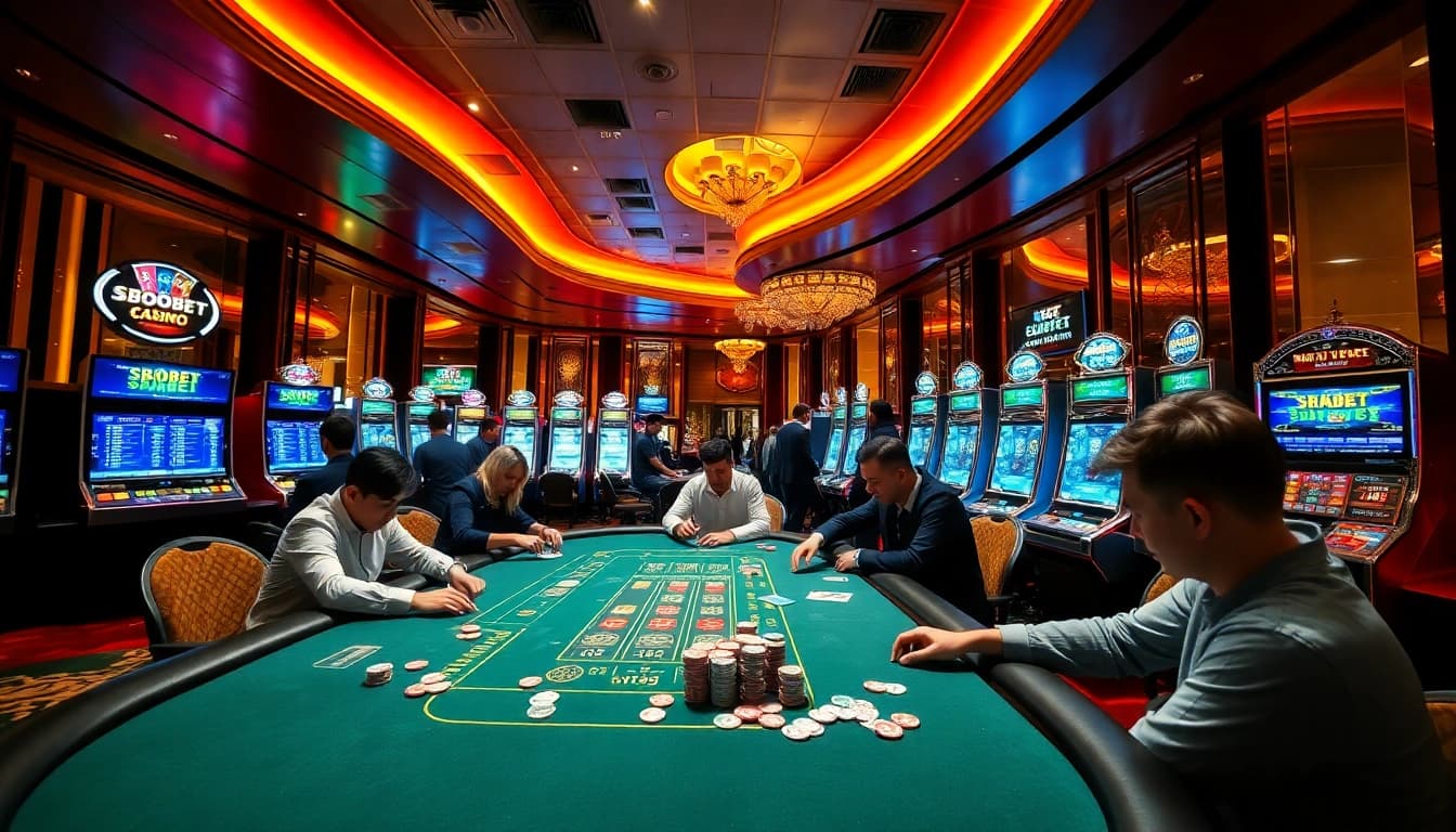 Players enjoying SBOBET betting action at an exciting modern casino table.