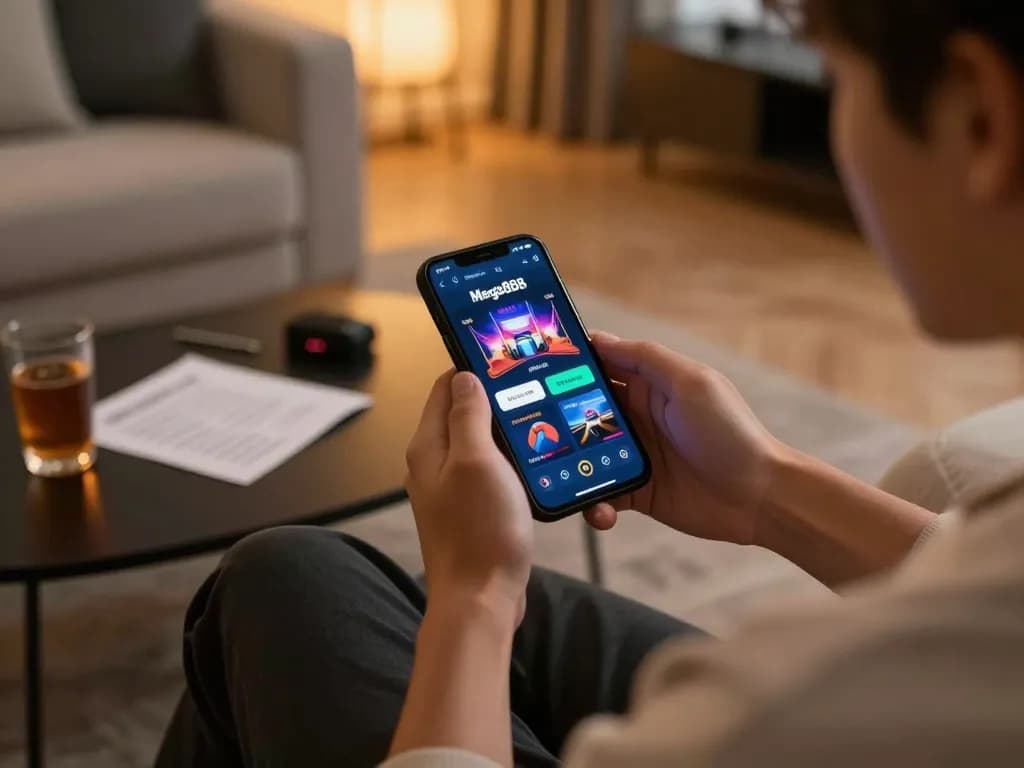 Mega888 mobile gameplay on smartphone, featuring user engaging with vibrant casino app interface at home