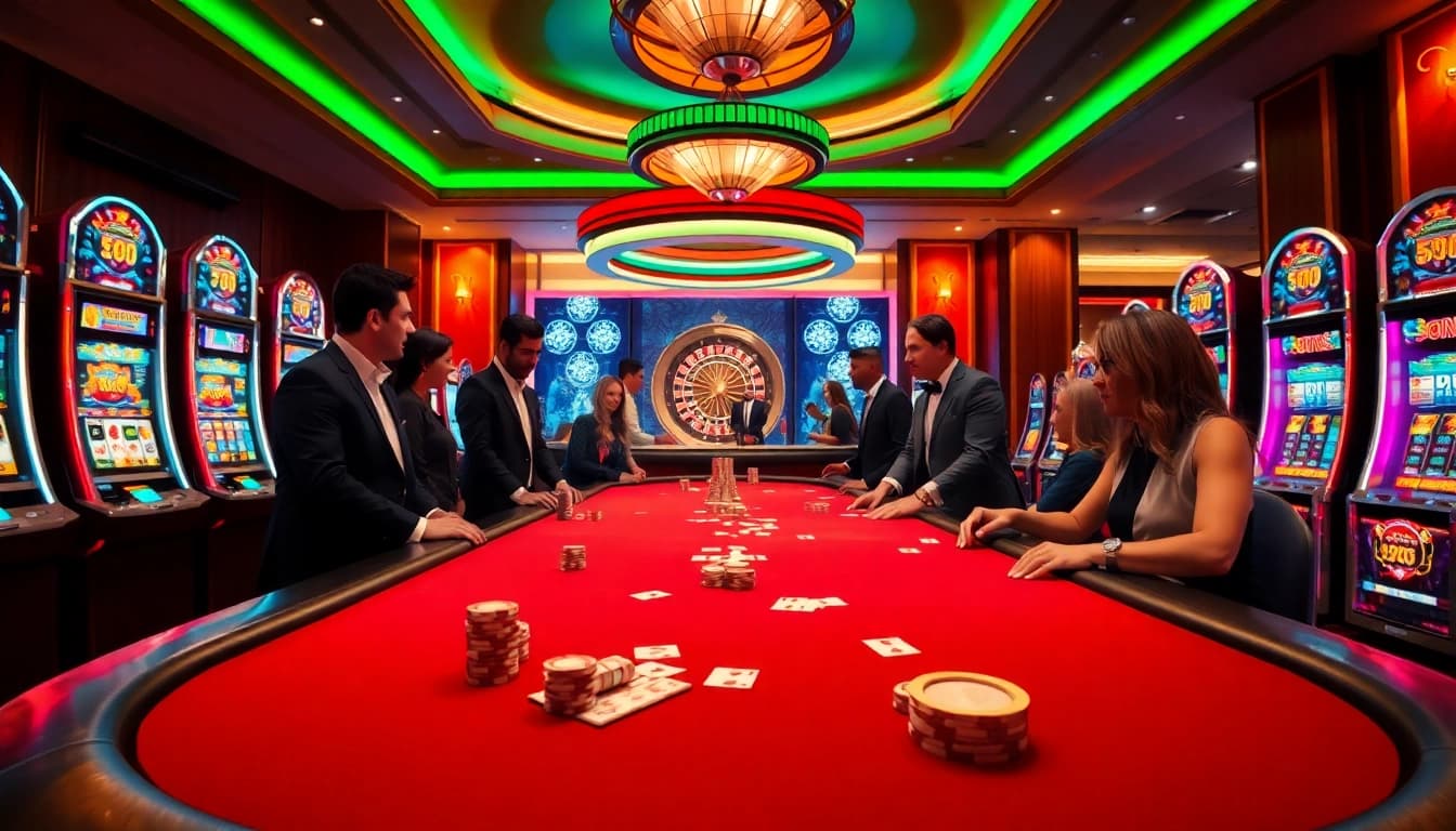 Experience thrilling poker action at NA777 casino with vibrant chips and dealers.
