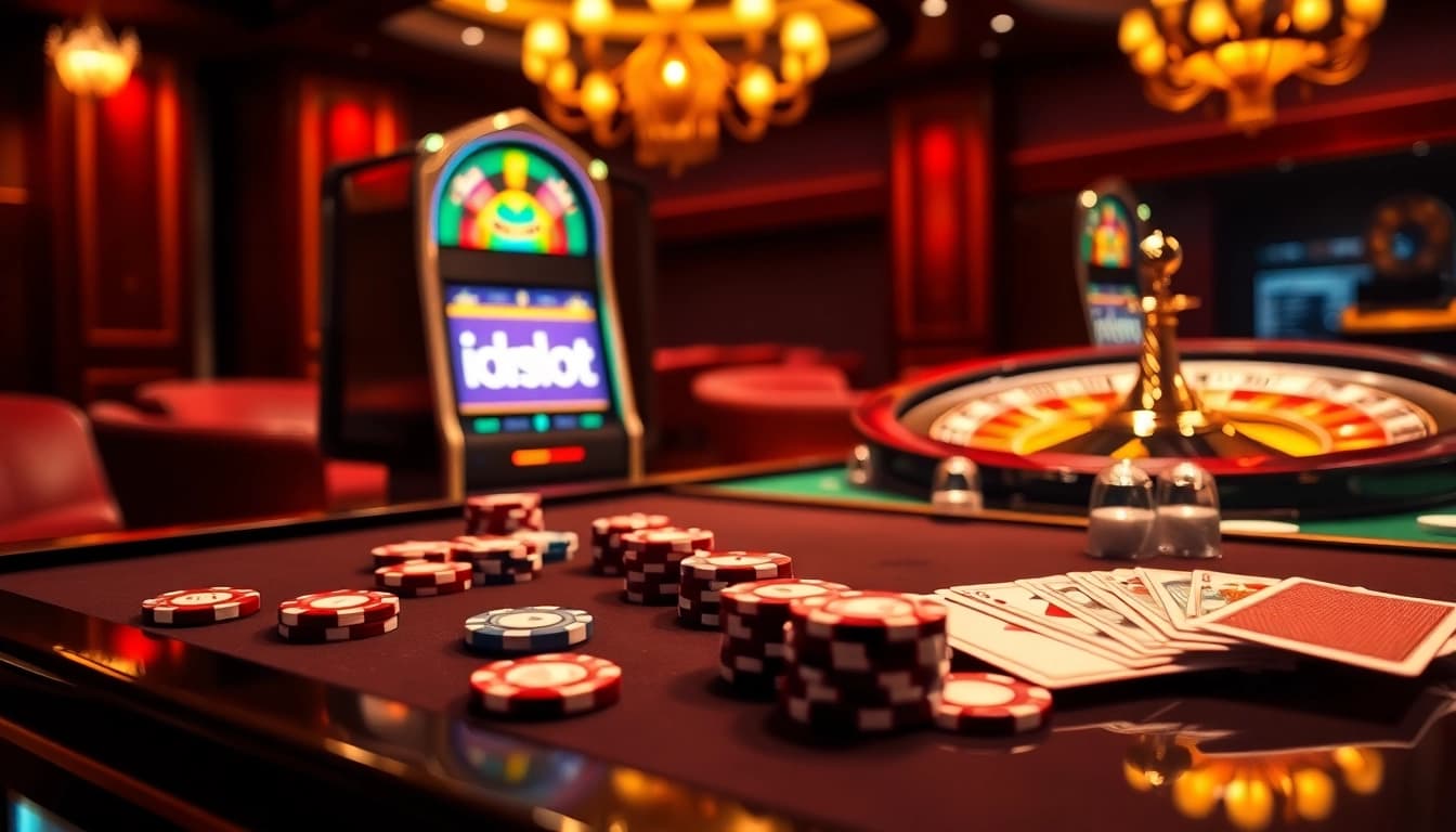 Experience the excitement of idnslot with vibrant casino visuals showcasing slot machines, poker chips, and roulette wheels.