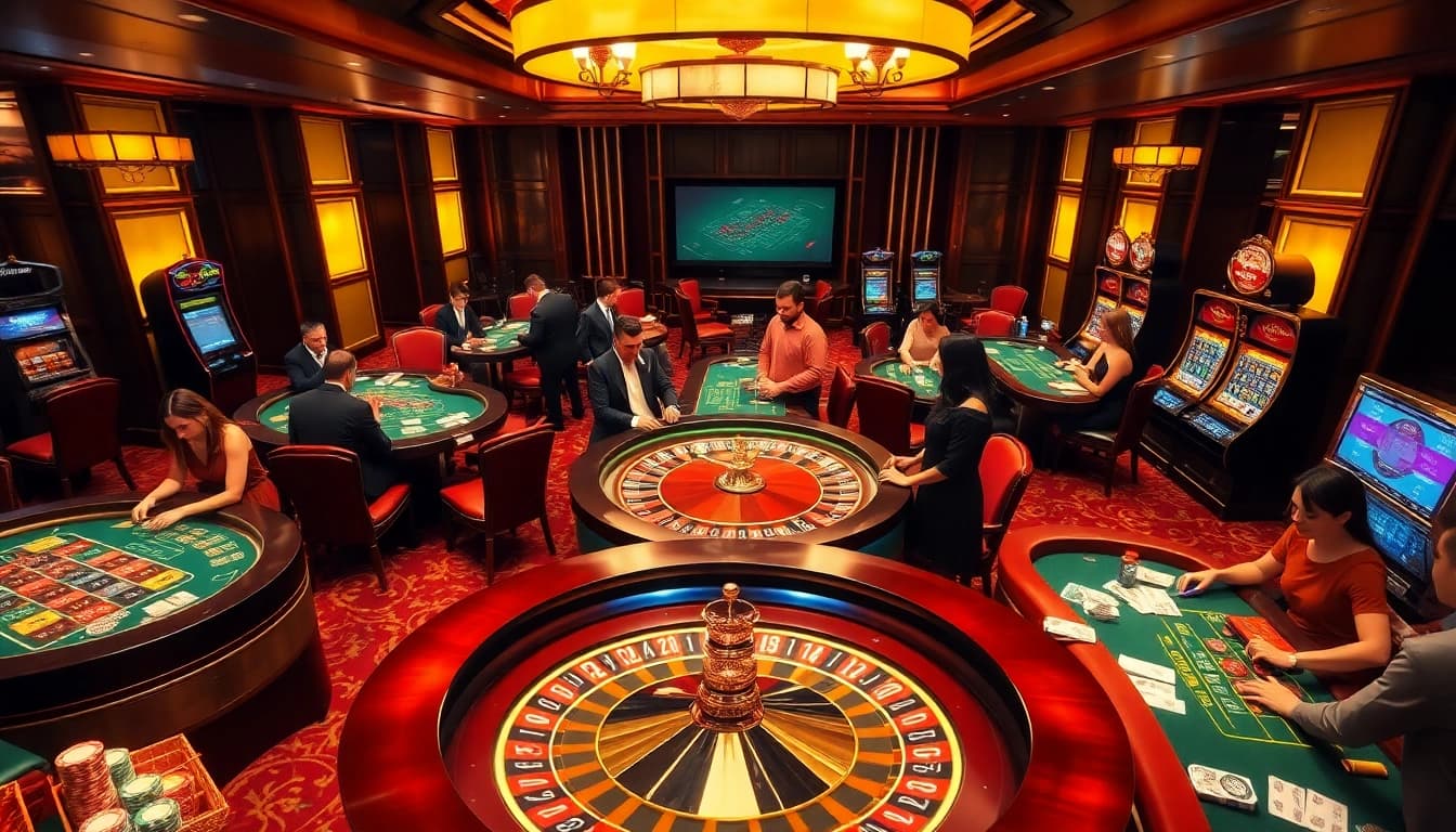 Gamblers enjoying an exciting casino experience at https://thabet1.net/, featuring roulette and poker.