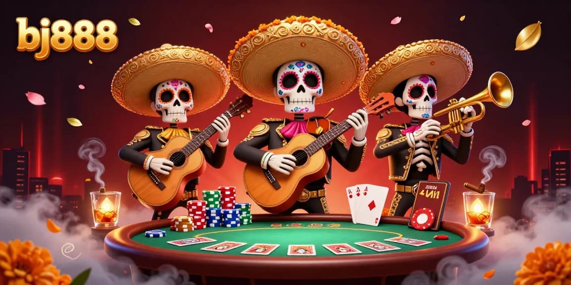 Engage in thrilling poker moments at bj888 with vibrant cartoon mariachi characters and colorful casino elements.