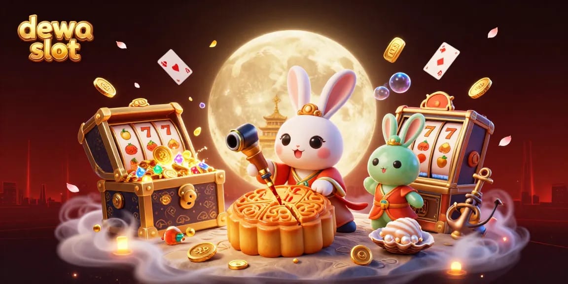 Spin the dewa slot with the moon rabbit in a vibrant casino-themed illustration.