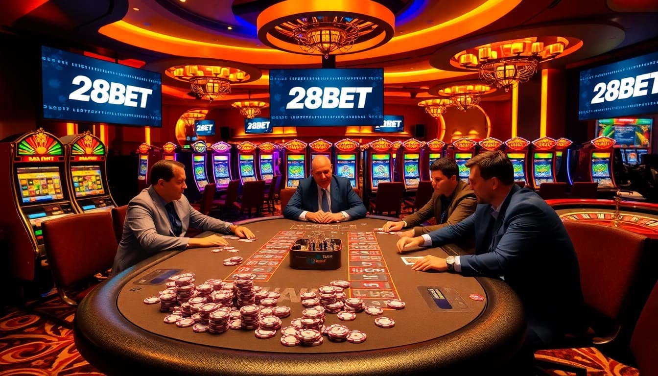 Gambling excitement at a luxurious casino with 28BET branding and engaging players.