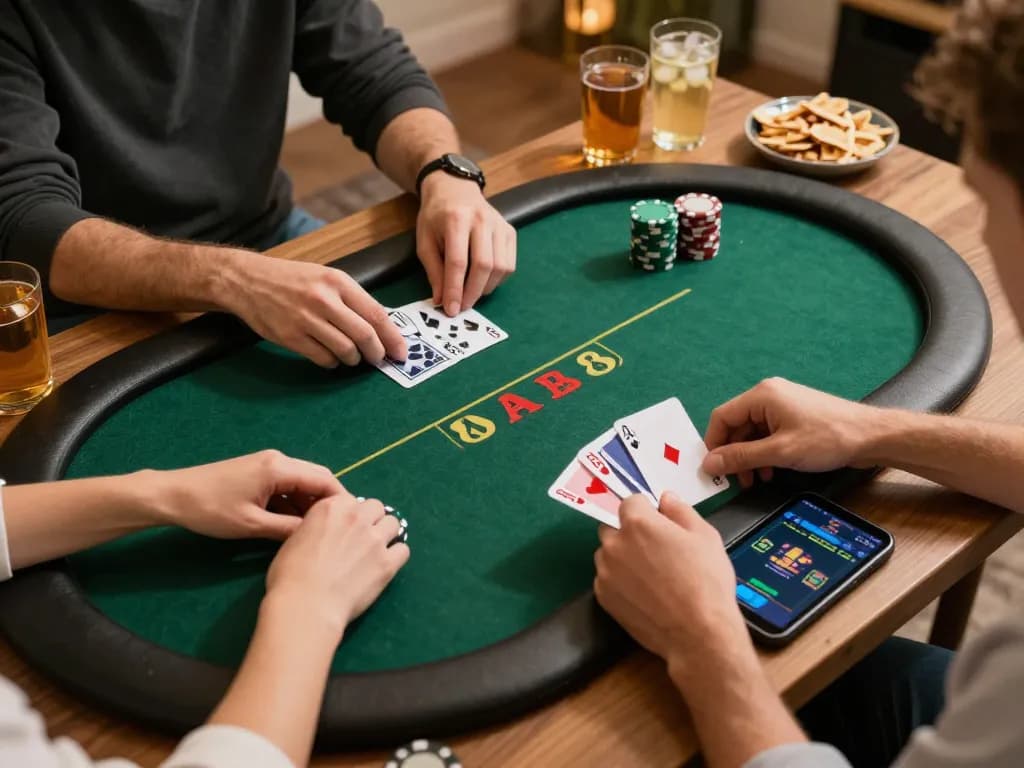 llwin players engaging in an online poker game at home, showcasing a cozy atmosphere and strategic gameplay