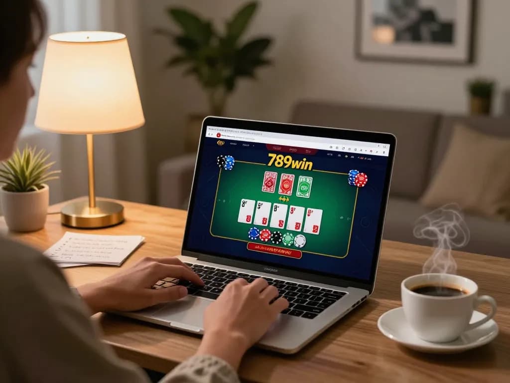 Engaging in an online blackjack game at home on 789win with stylish decor and strategic notes.