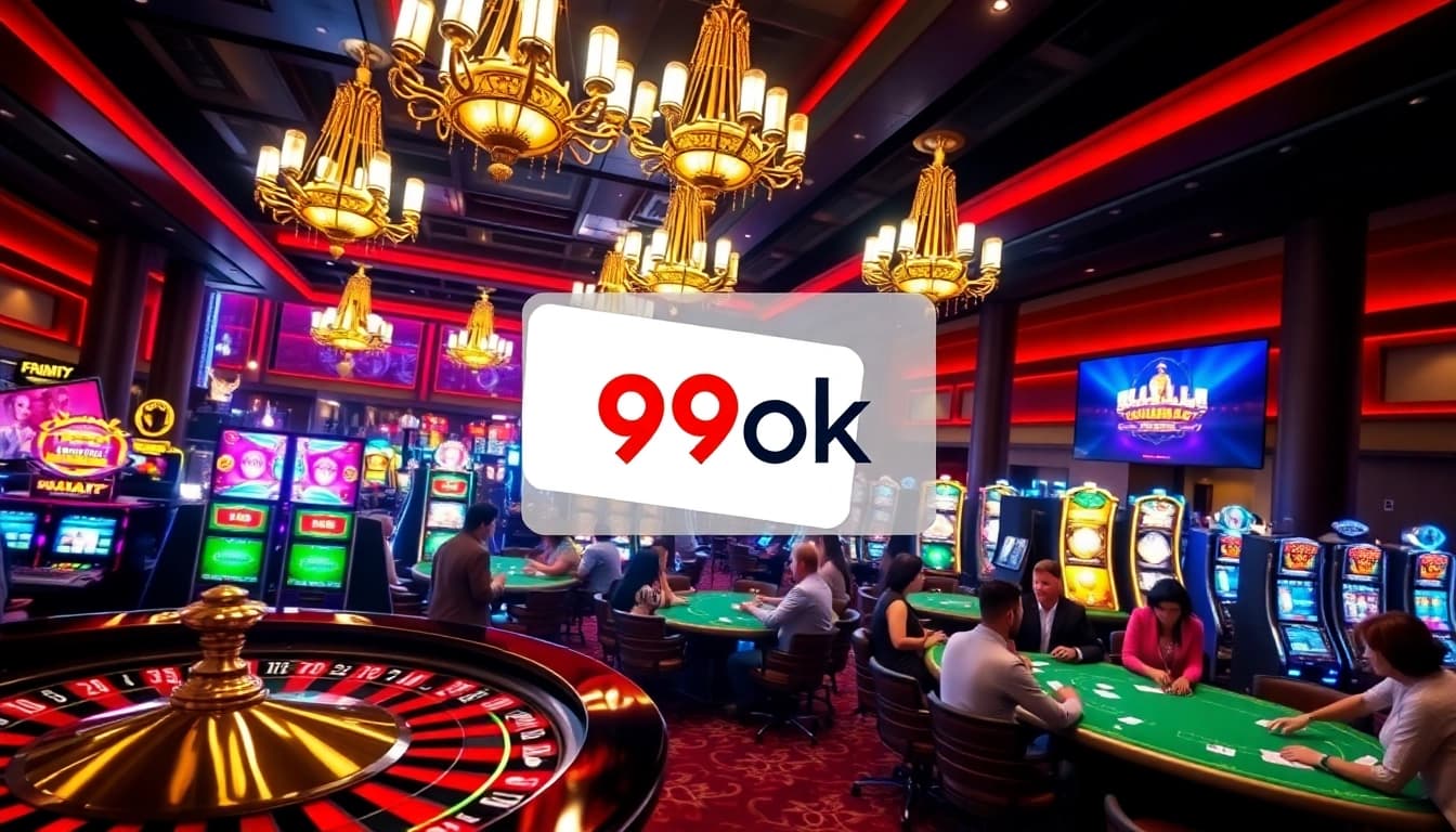 Players enjoy the vibrant gaming atmosphere at the 99ok casino, showcasing roulette and poker action.