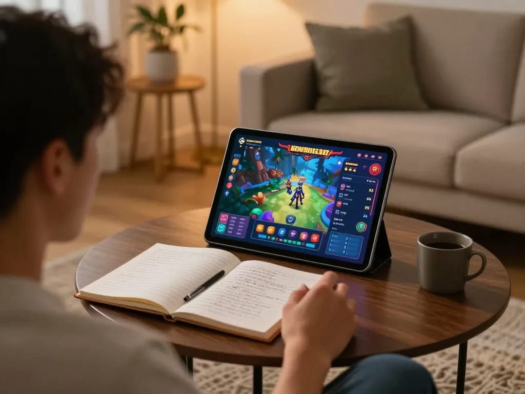 Engaging in kerajaanslot gameplay on a tablet in a cozy living room environment.