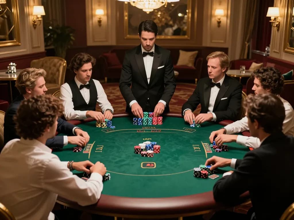 Players engage in strategic betting at high-stakes poker game in a luxurious setting, mb66 gaming experience.