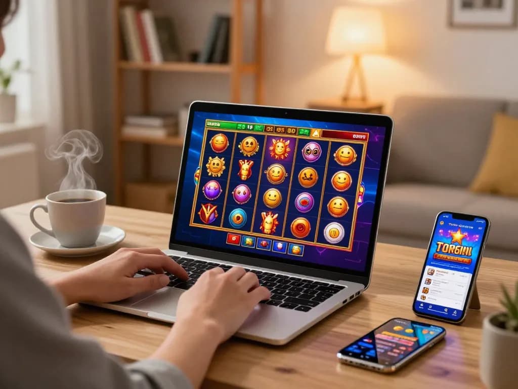 Engaging in a demo slot game on laptop at home, showcasing the fun and strategy of online gambling.