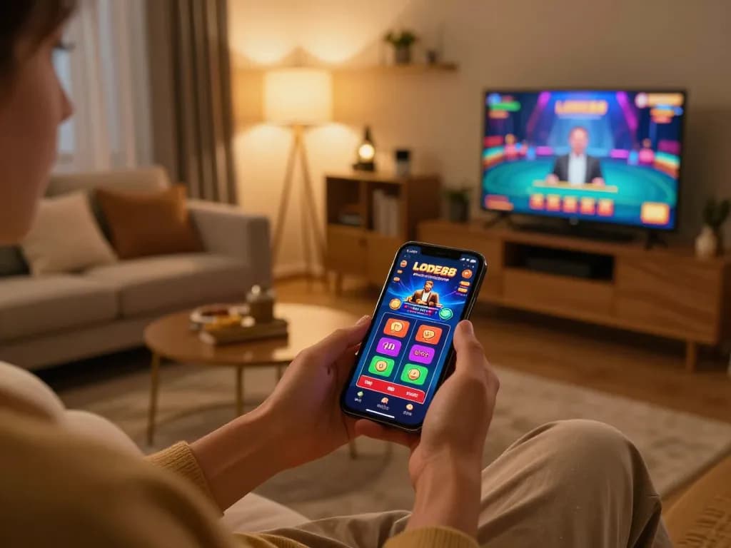 Engaging with LODE88 mobile app for online gaming in a cozy home setting, showcasing cozy decor and exciting gameplay.