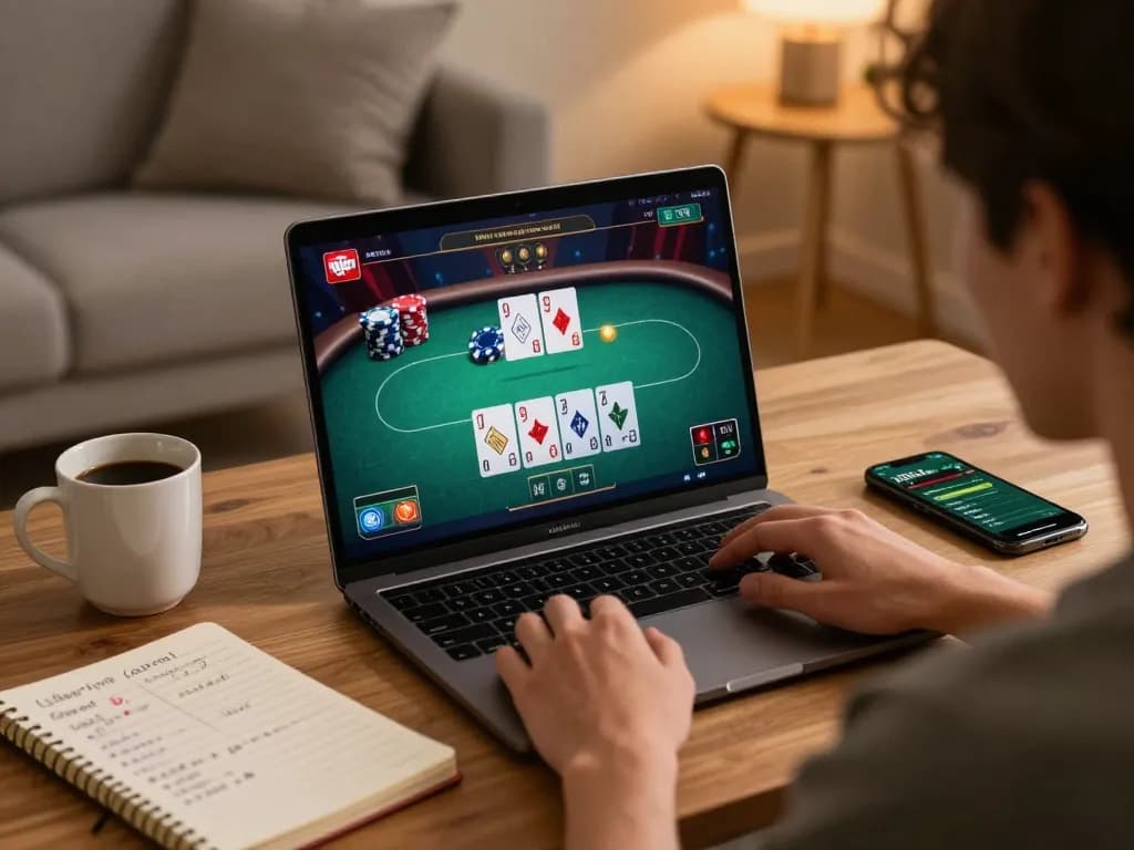 Player strategizing on f8beta2 interface for online poker at a cozy home setup.