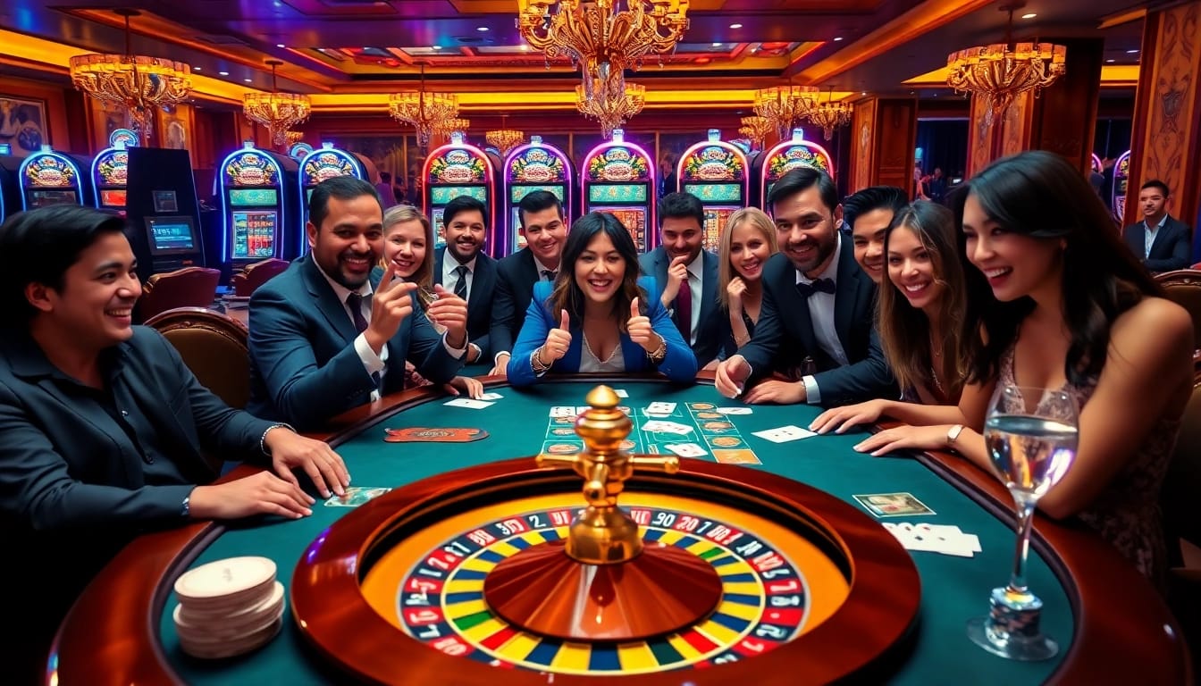 An engaging scene at SODO Casino showcasing players excitedly betting at a stylish poker table with vibrant casino elements.