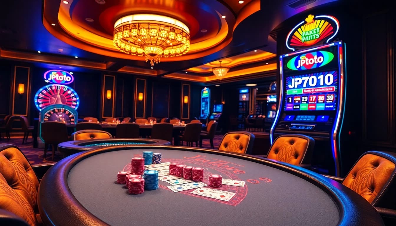 Rasakan kegembiraan JPTOTO di meja poker kasino yang elegan ini dengan chip dan kartu yang berwarna-warni.