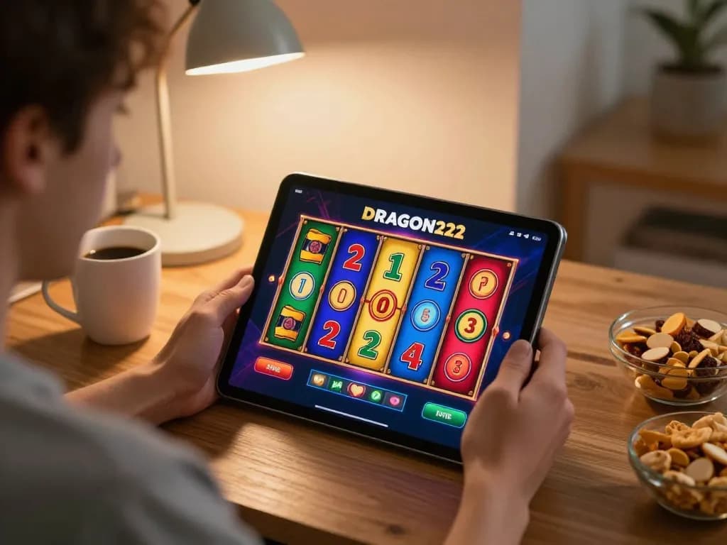 Player celebrating a win on DRAGON222's online slots, highlighting joyful gaming experience with vibrant screens and cozy atmosphere.