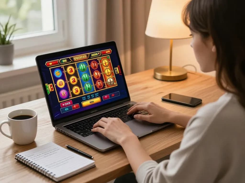 Engaging in online casino bonus utan svensk licens with colorful slot game on laptop while enjoying a cozy home environment.