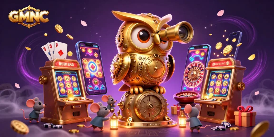 GMNC showcases a bustling casino scene with a whimsical golden owl and delightful mouse gamblers.