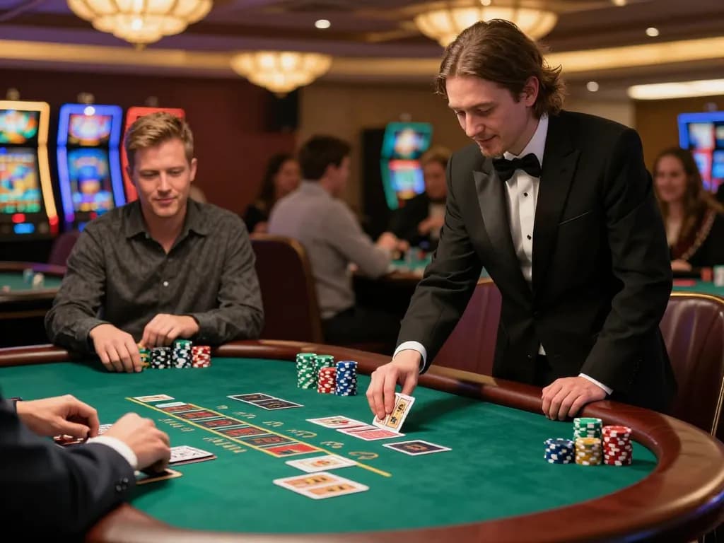 Players engaging in a thrilling F168 blackjack game, vibrant casino atmosphere with colorful chips and dealer action.