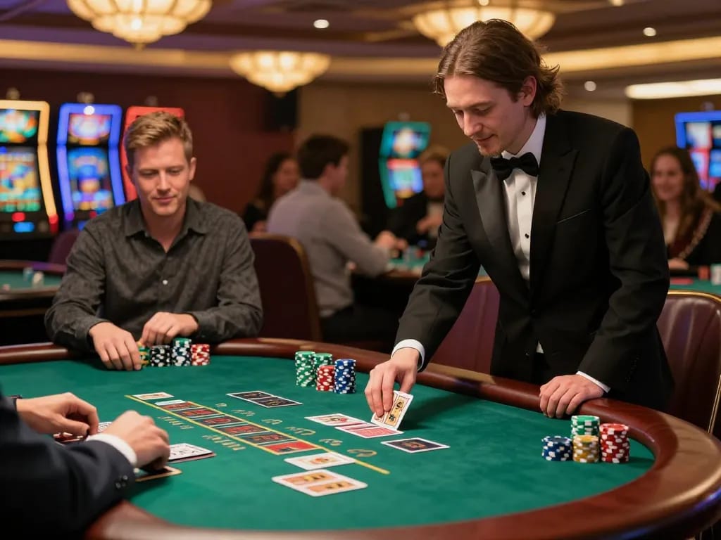 Players engaging in a thrilling F168 blackjack game, vibrant casino atmosphere with colorful chips and dealer action.