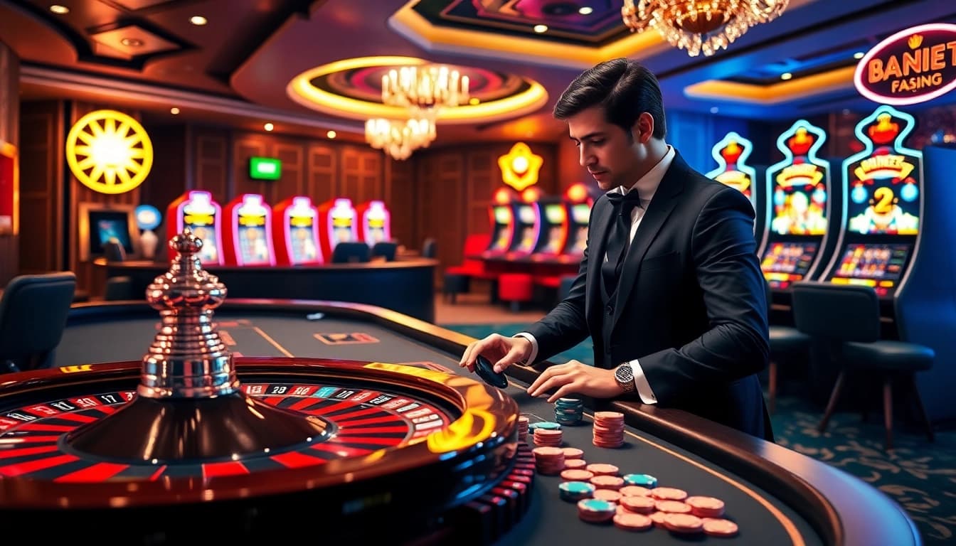 Engaging players at a luxurious GG88 online casino scene with roulette and poker tables.