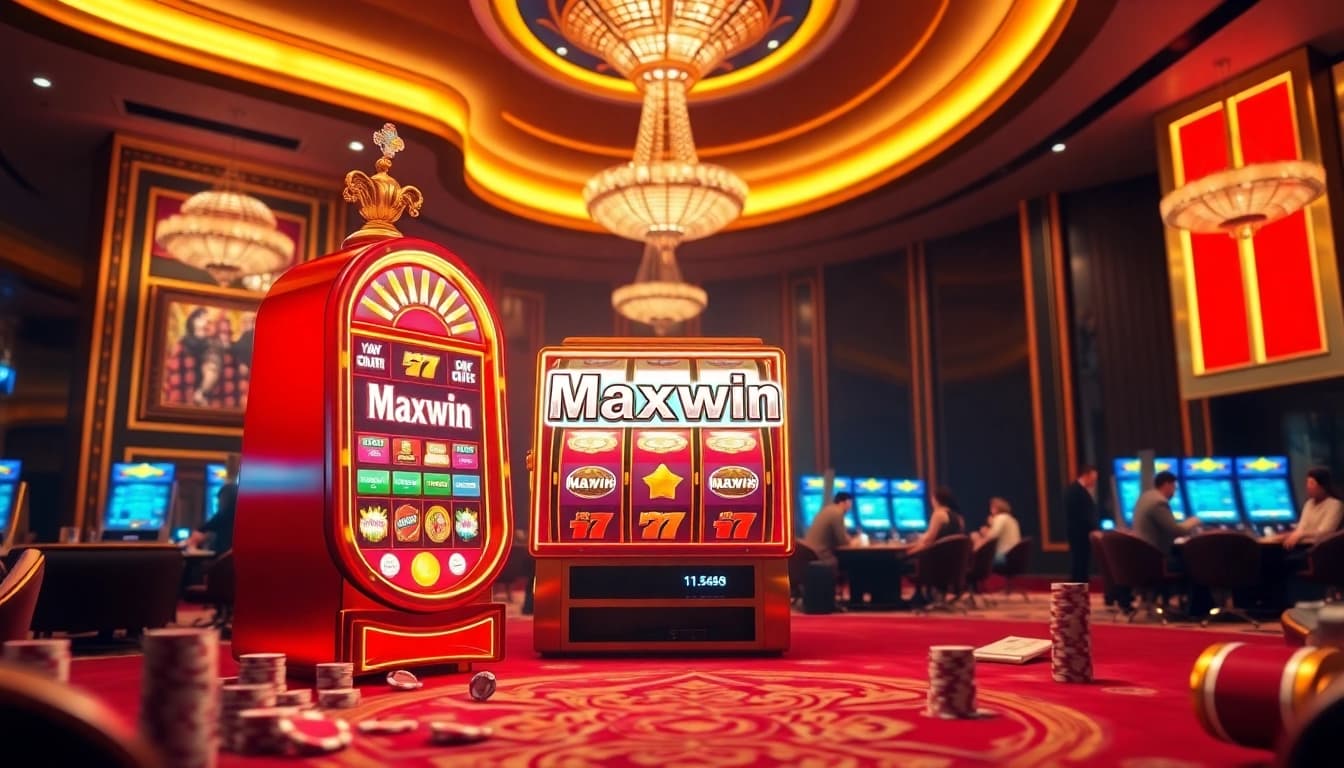 Penggambaran menarik dari mesin slot yang menampilkan maxwin dengan elemen kasino mewah dan warna-warna cerah.