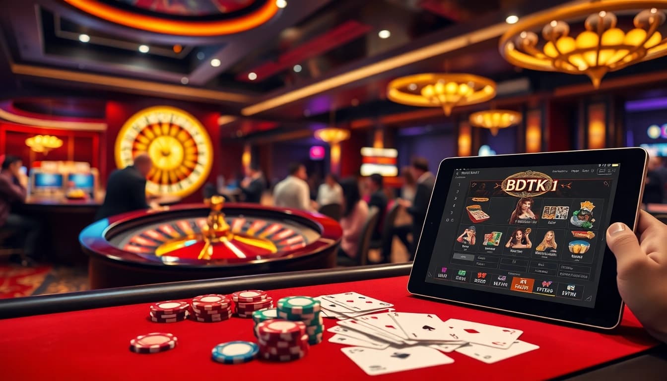 Exciting casino atmosphere showcasing BDTK1 with poker chips and a roulette wheel.