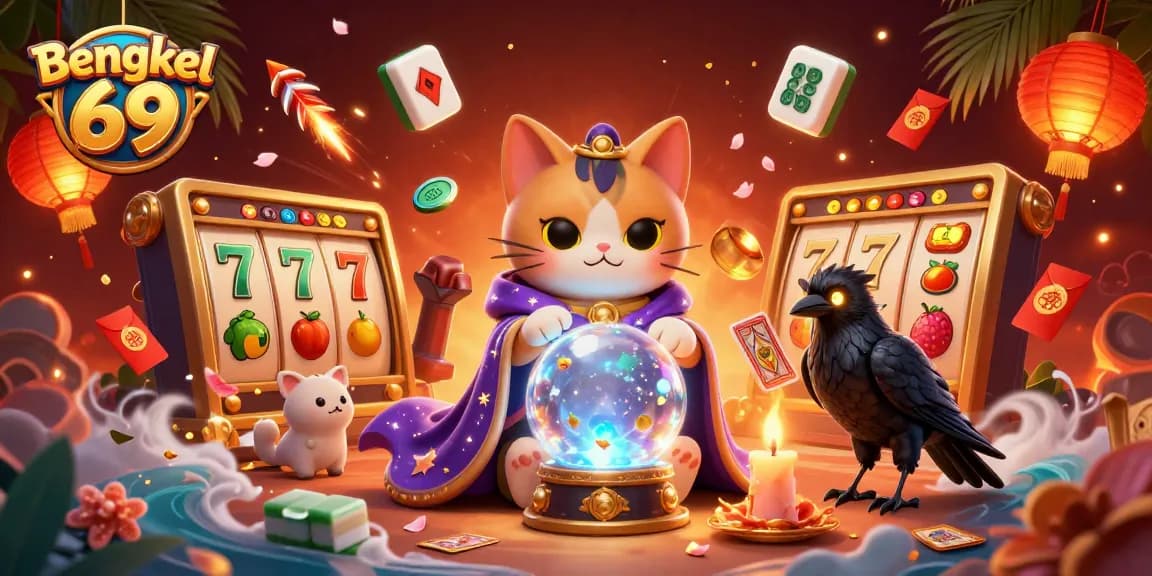 Bengkel 69 brings alive the excitement of slot games with a mystic cat and raven in a magical setting.