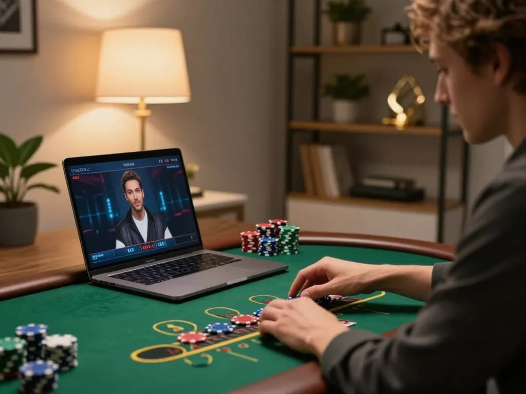 Engaging in a live dealer blackjack game online, showcasing bandar togel online gaming strategy in a cozy setup.