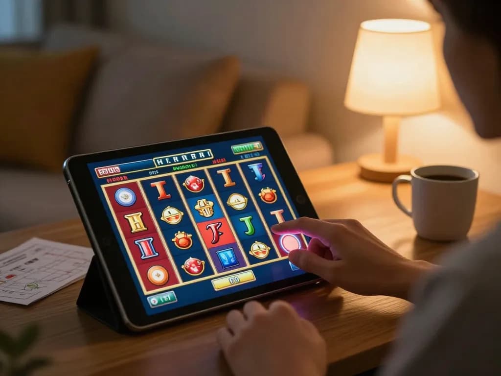 Engaging in slot online gameplay on a tablet in a cozy home environment with strategic notes