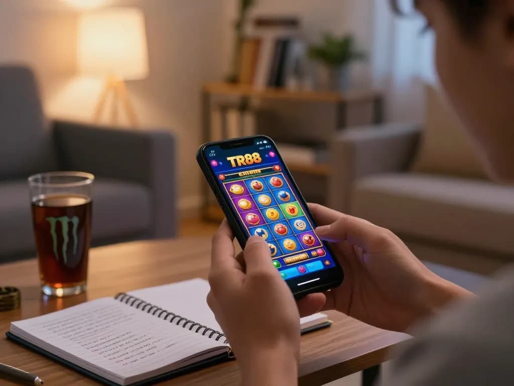 The thrill of gaming tại tr88 captured as a player engages with the mobile casino app in a cozy home setting.