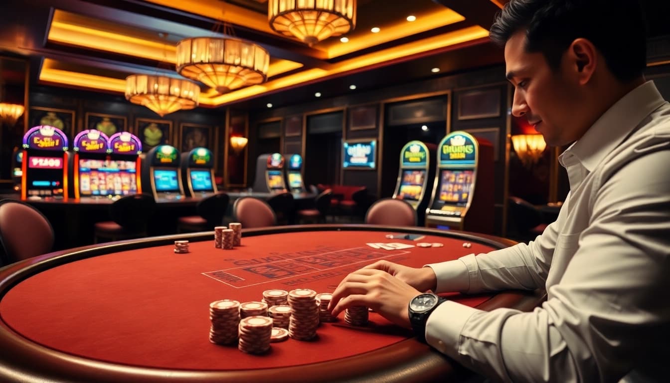 Experience thrilling gameplay at 98win with vibrant casino tables and cards in action.