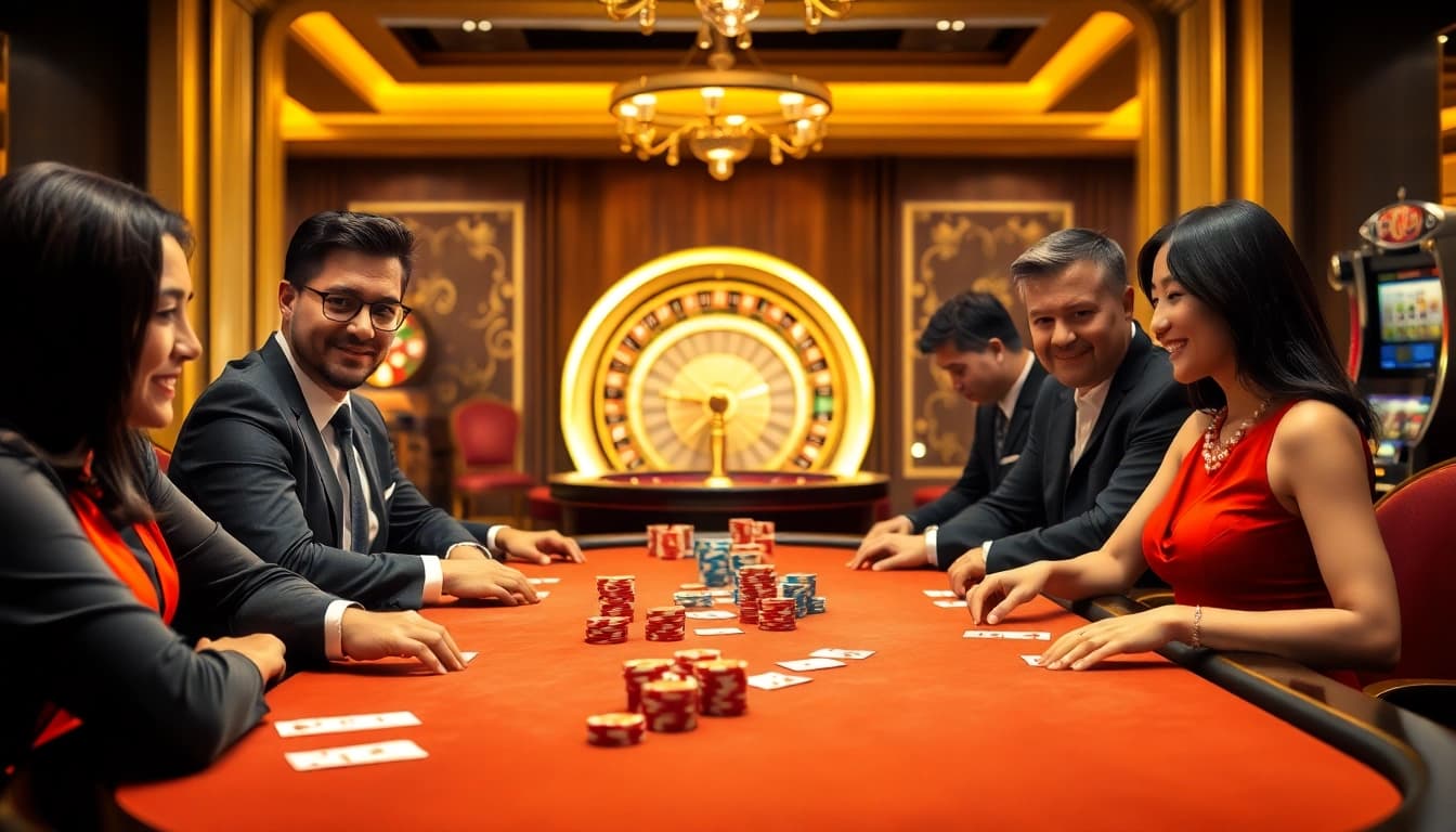Players engaging in a thrilling poker game at RR88 casino with vibrant chips and elegant atmosphere.