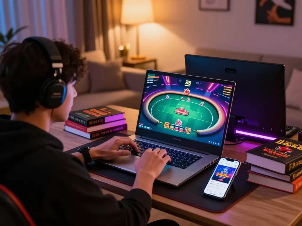 Engaging online poker gameplay on luck8 net platform, highlighting a stylish gaming setup