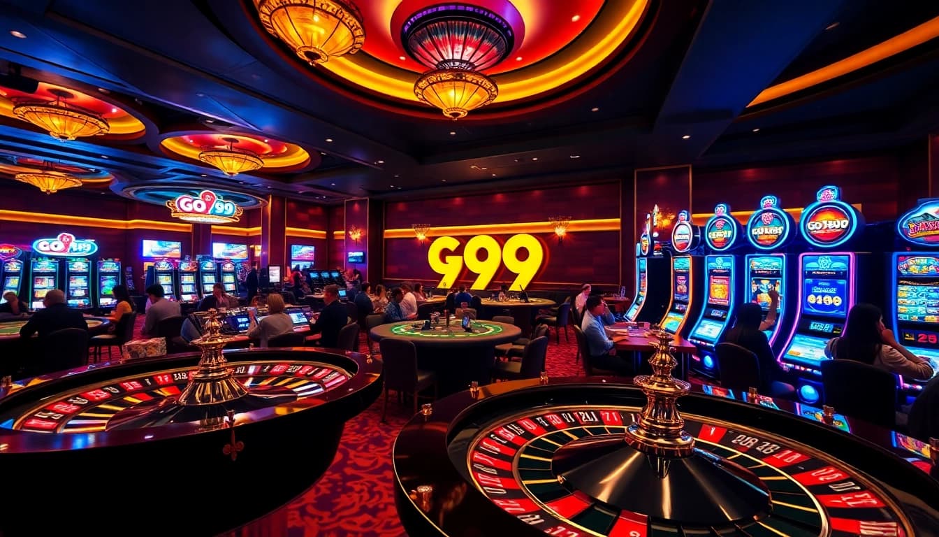 Experience the excitement of Go 99 at a luxurious casino, highlighting roulette, slot machines, and gaming tables.