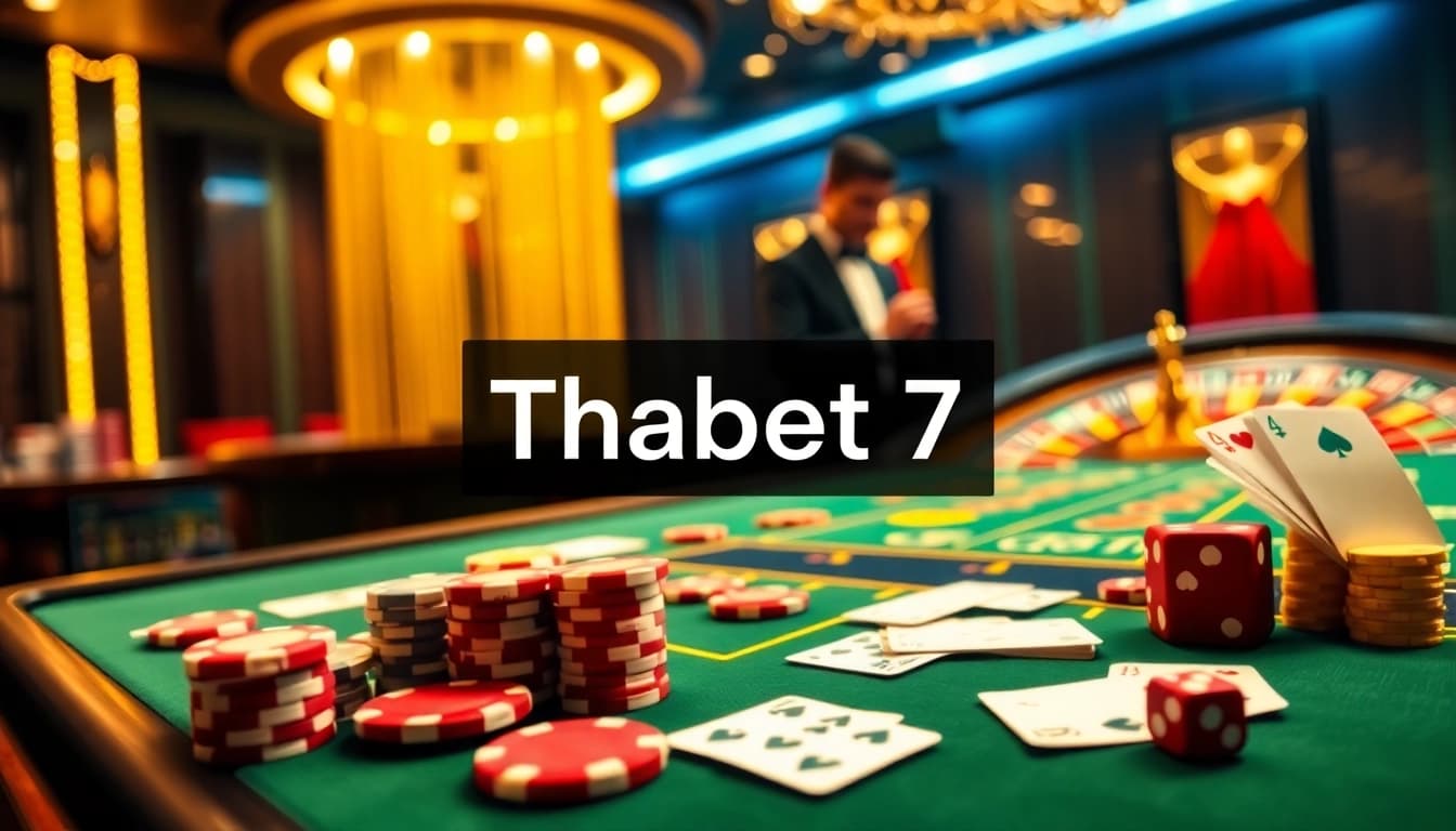 Engaging gambling scene with Thabet77 logo on a vibrant casino table, showcasing poker chips and cards.