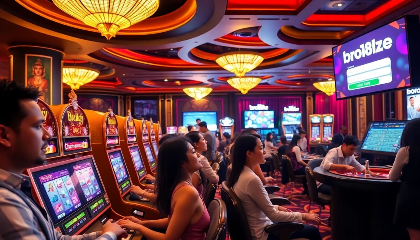 Bro138 login interface showcased in an energetic casino environment with players engaging at colorful slot machines.