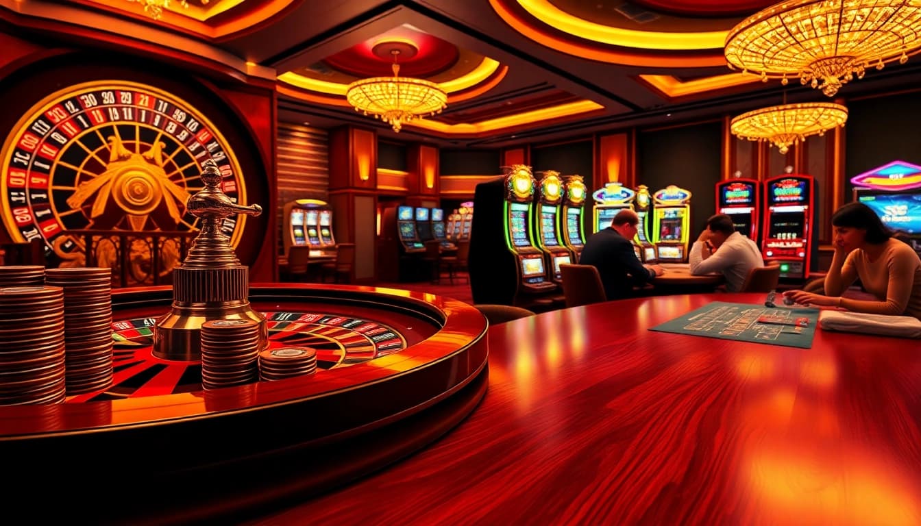 SODO Casino evokes excitement with a thrilling roulette wheel and animated players at elegant tables.