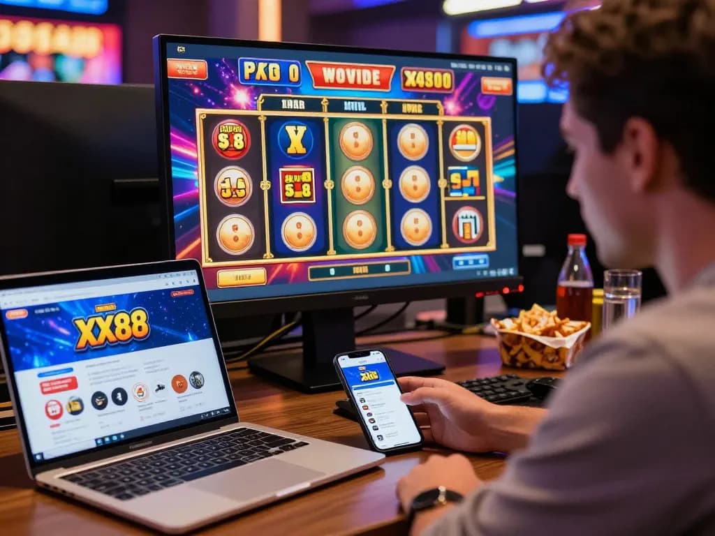 Intense player engaging with XX88 online casino, colorful slot game interface and modern setup.