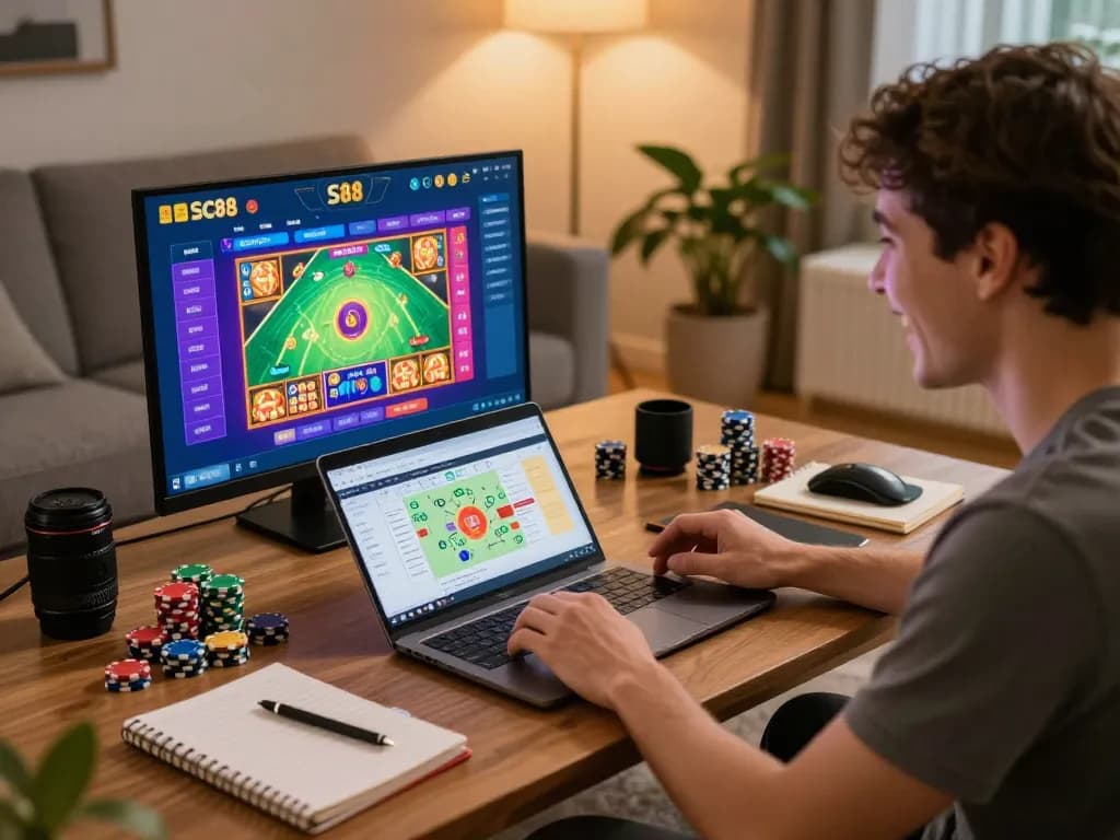 Player engaging with the SC88 app, enjoying a vibrant online gambling experience at home