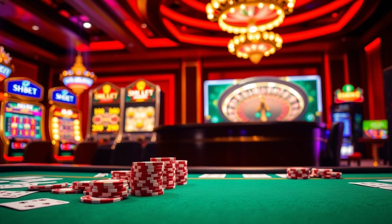 SHBET gaming table with vibrant casino elements like chips and cards in an elegant setting.