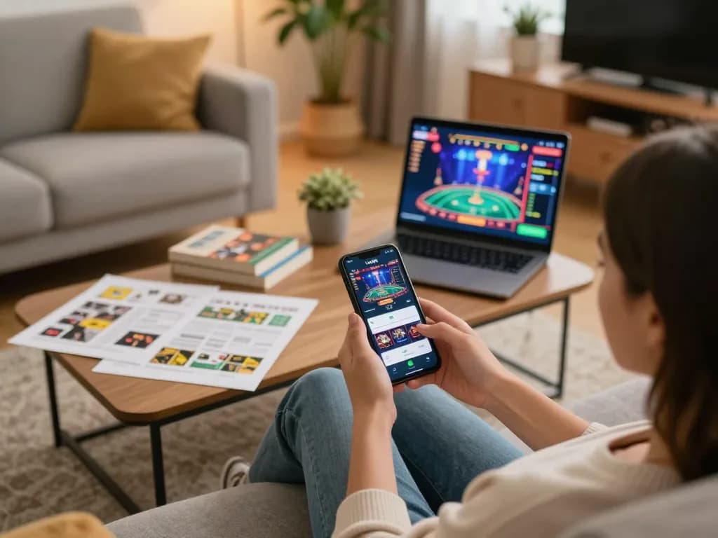 Engaging in online gaming at home with LLWIN app on smartphone in a cozy setting